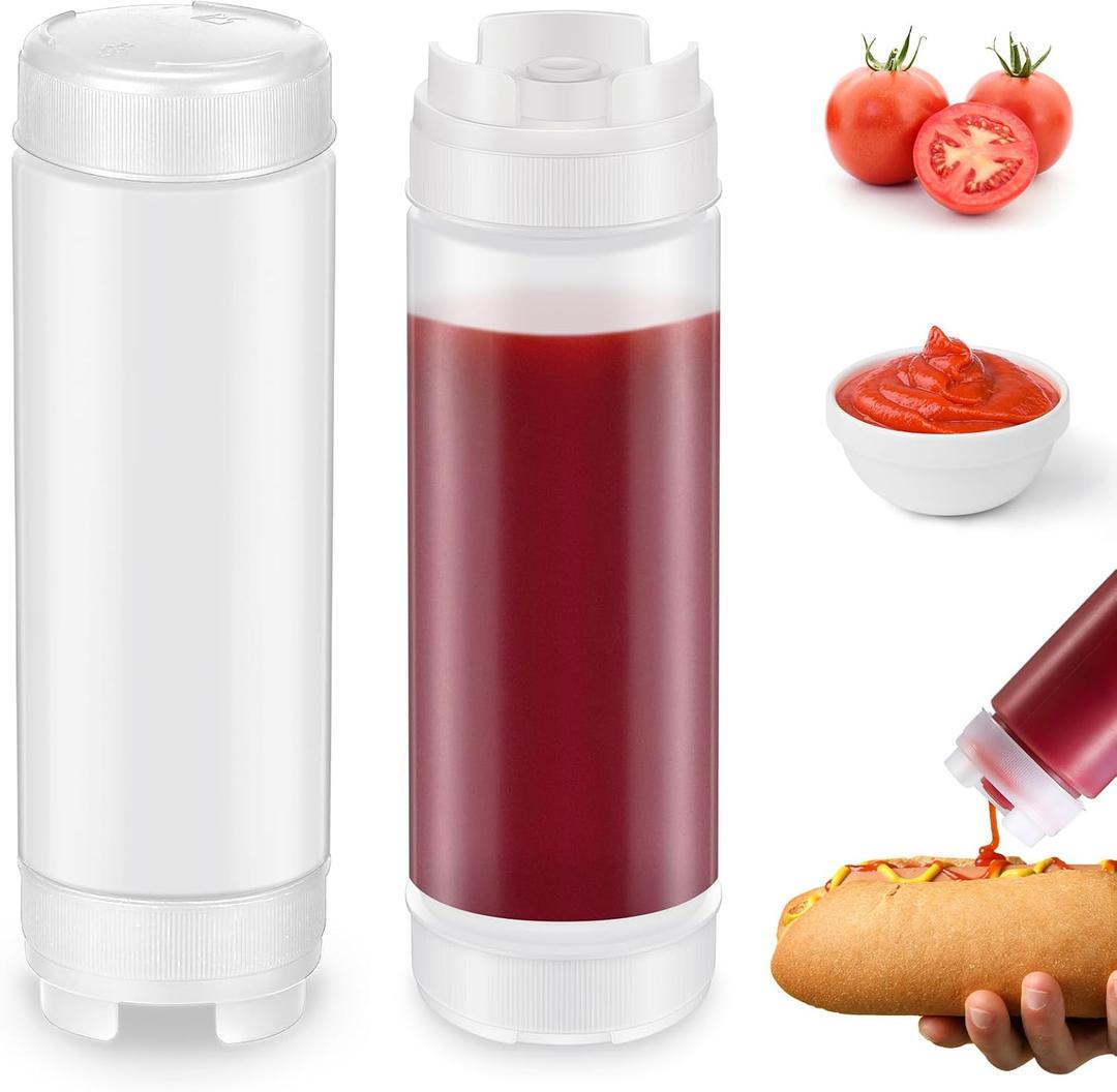 Didaey 2 Pcs 20 oz Inverted Plastic Squeeze Bottles, Refillable Tip Large Valve Dispenser Condiment Squeeze Bottle for Sauces Ketchup Sour Cream Self Sealing Syrup Dispenser for Restaurants (White)