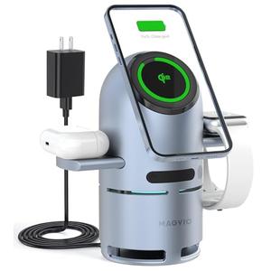 Magvio 3 in 1 Mag-Safe Charging Station with Bluetooth Speaker, Auto-Rotating Magnetic Stand, 15W Qi2 Fast Wireless Charger for iPhone 17/16/15/14/13/12, Apple Watch, AirPods, 30W USB-C Adapter