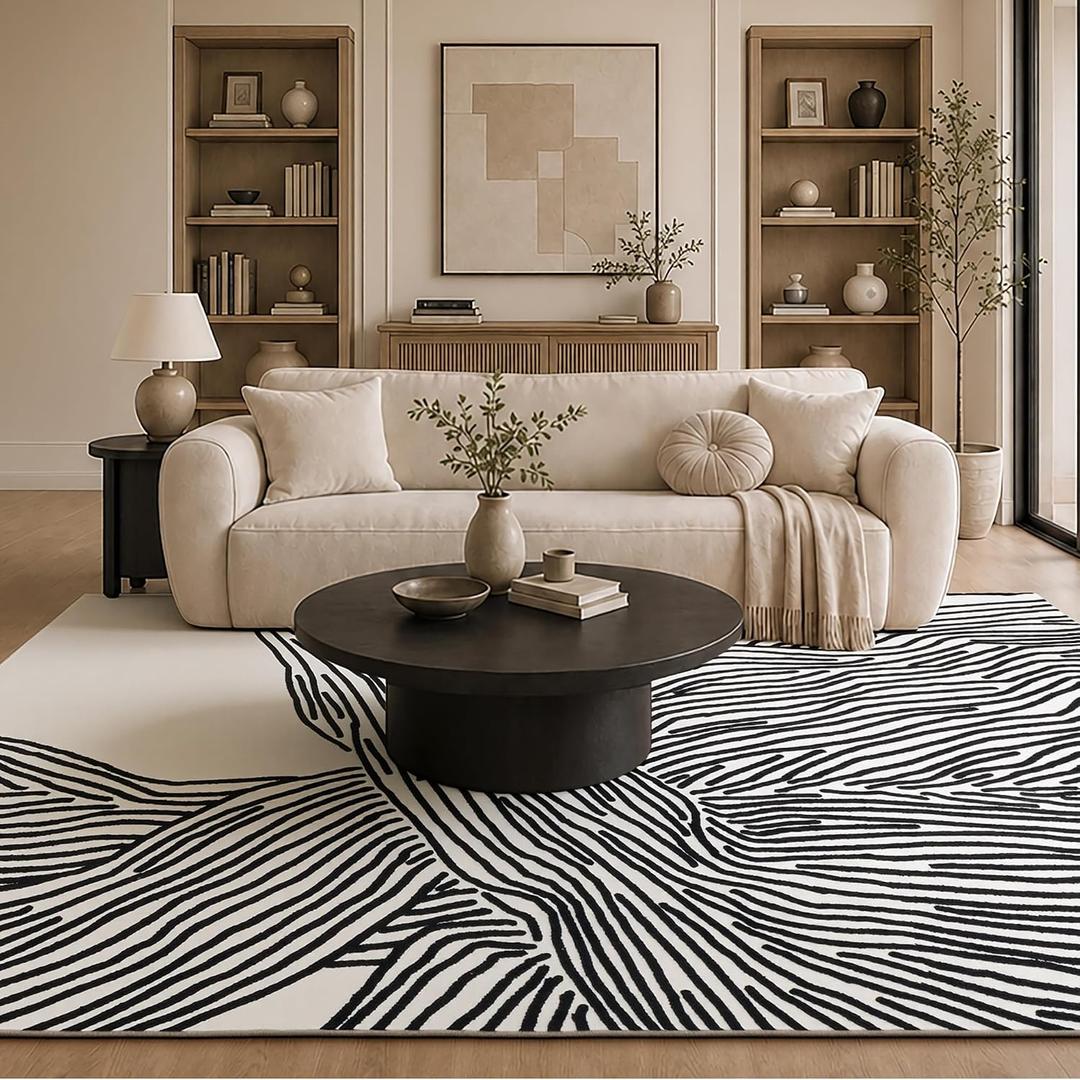 8×10 Ft Washable Rug, Black and White Abstract Area Rug for Bedroom Living Room Dining Room Office Playroom Nursery, Ultra Thin Nonslip Modern Large Rugs Soft Contemporary Striped Rugs