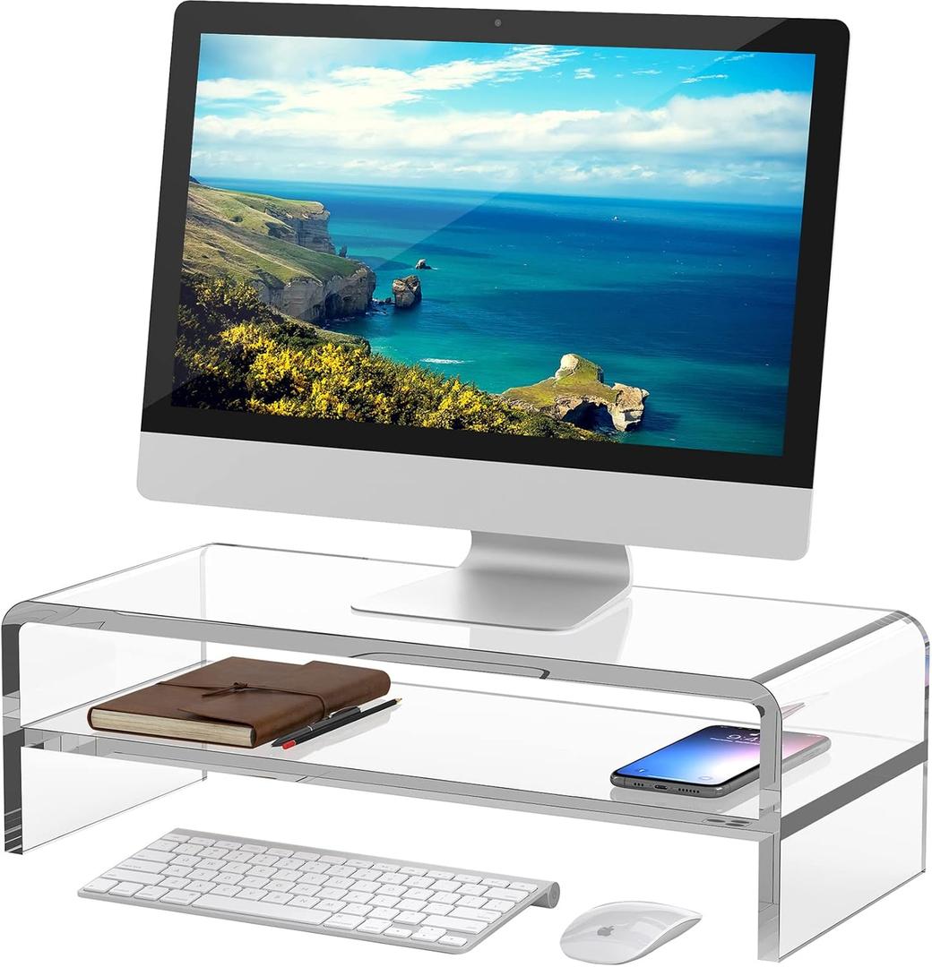 Acrylic Monitor Stand,2 Tiers Computer Monitor Riser(18x8x5.5 inches),Computer Stand/Monitor Riser for Office,School,Home,Laptop Stand Desktop Stand for Keyboard Storage&Printer TV Screen