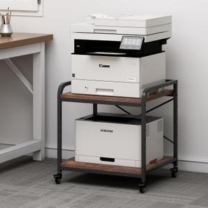 Fannova Under Desk Printer Stand, 20 Inches Deep Large Printer Table with Height Adjustable Storage Shelf, 2 Tier Rolling Printer Cart with Wheels for Home Office - Rustic Brown