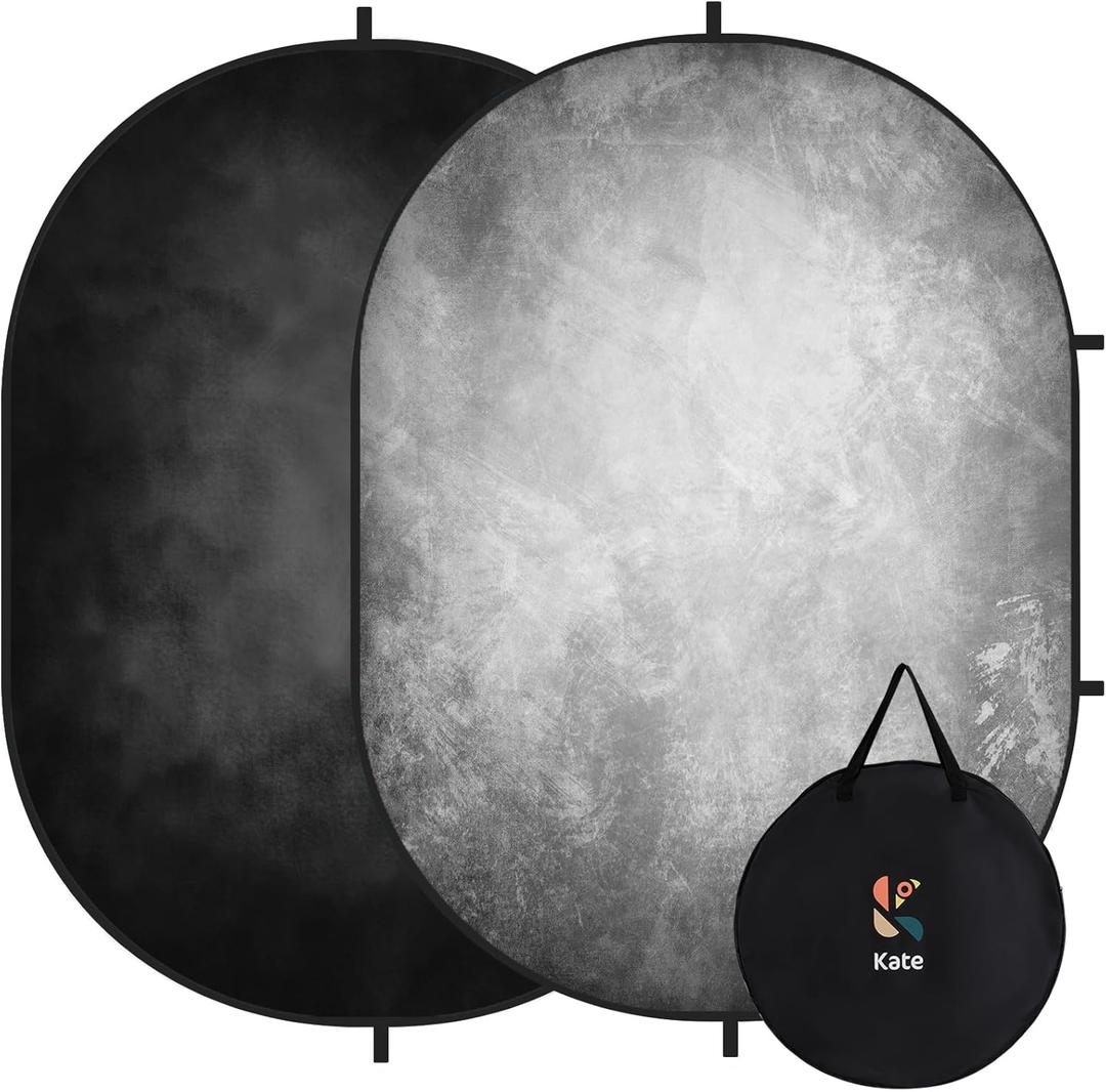 Kate 5x6.5ft(1.5x2m) Collapsible Backdrop Folded Microfiber Professional Grey and Black Double-Sided Pop up Collapsible Background for Photography