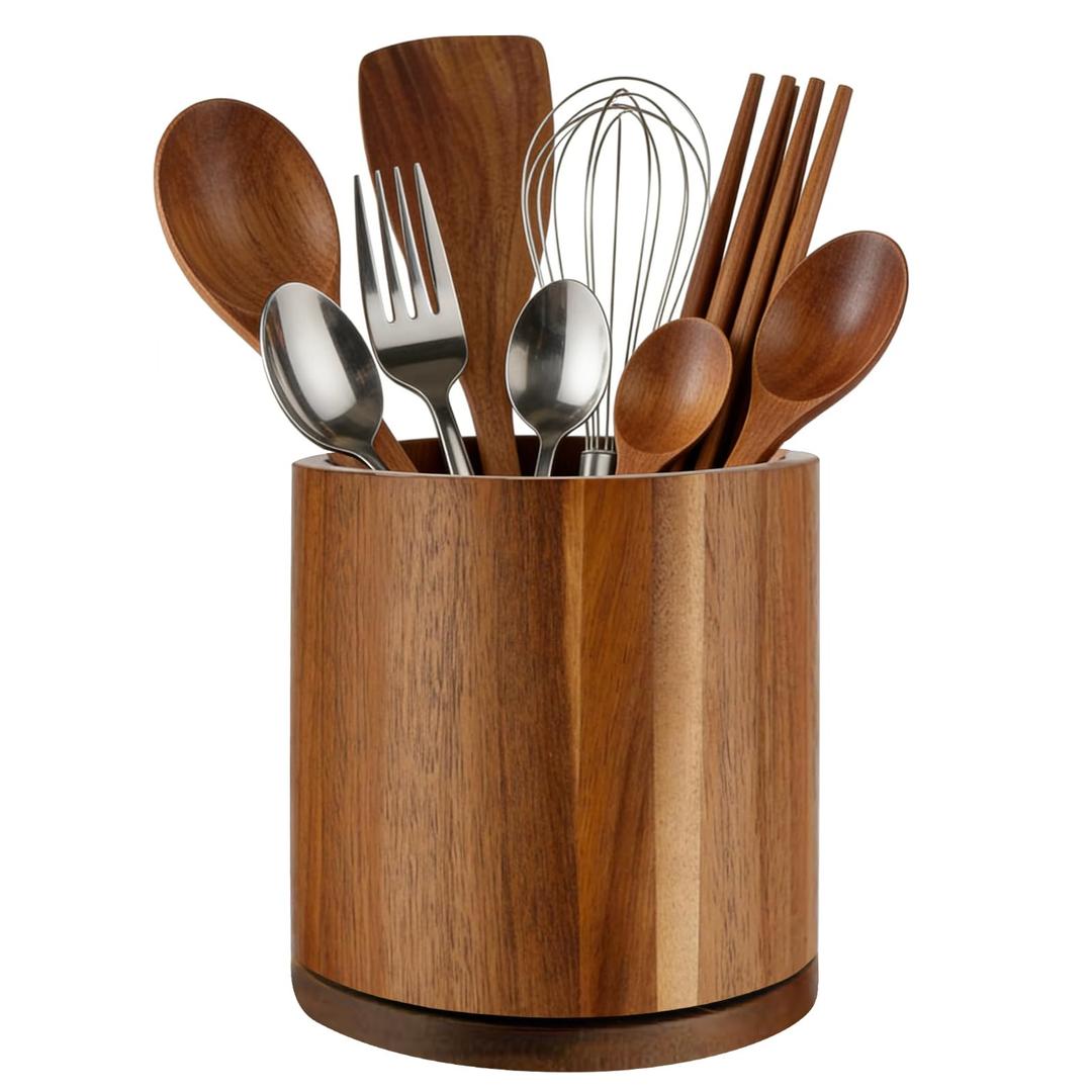 Acacia Wood Utensil Holder 360°Rotating Anti-Tip Design for Kitchen Counter,Cooking Utensil Crock for Countertop , Large Utensil Organizer for Spatula