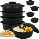 Black Unbreakable Cereal Bowls Set of 4 - Microwave & Dishwasher Safe BPA-Free Plastic Striped Pot Bowls for Family, Kids, Camping - Non-Slip, Eco Wheat Straw Soup Bowls (40oz)
