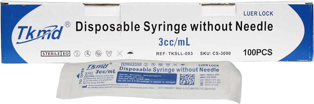 3ml Syringe with Luer Lock Tip, Disposable, Individually Sealed, TKMD, Box of 100, (No Needles Included)