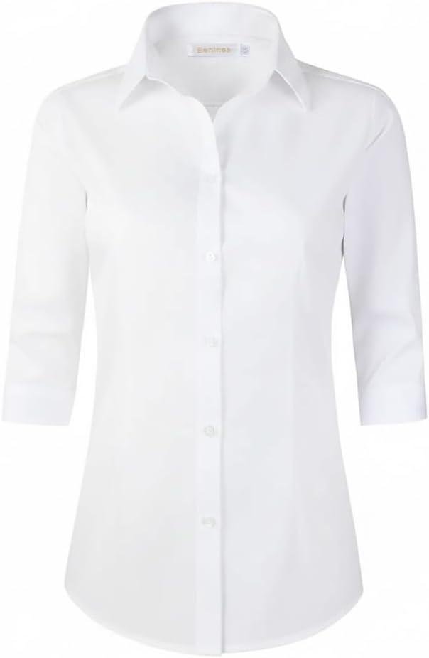 Beninos Women's 3/4 Sleeve Formal Work Wear White Button Down Shirt (White, M)