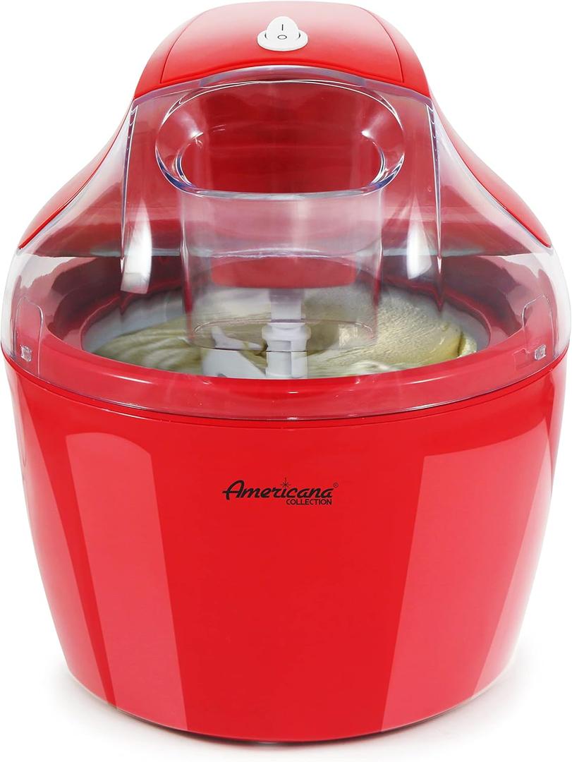 Americana EIM-1400R 1.5 Qt Freezer Bowl Automatic Easy Homemade Electric Ice Cream Maker, Ingredient Chute, On/Off Switch, No Salt Needed, Creamy Ice Cream, Gelato, Frozen Yogurt, Sorbet, Recipe Book