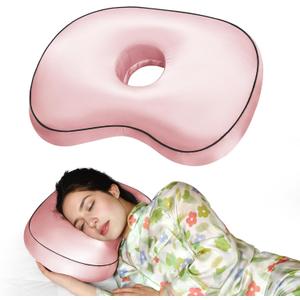 Pink Ear Piercing Pillow - Side Sleeper Support with 3.5" Ear Hole Relief, Hypoallergenic Orthopedic Pillow for Healing Piercings