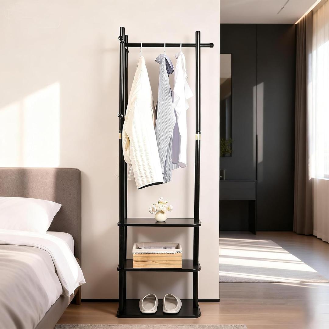 Wood Coat Rack Freestanding Clothing Rack with 3 Storage Shelves and 5 Hooks Coat Tree Heavy-Duty Garment Rack for Corner Entryways Living Rooms and Bedrooms, Black