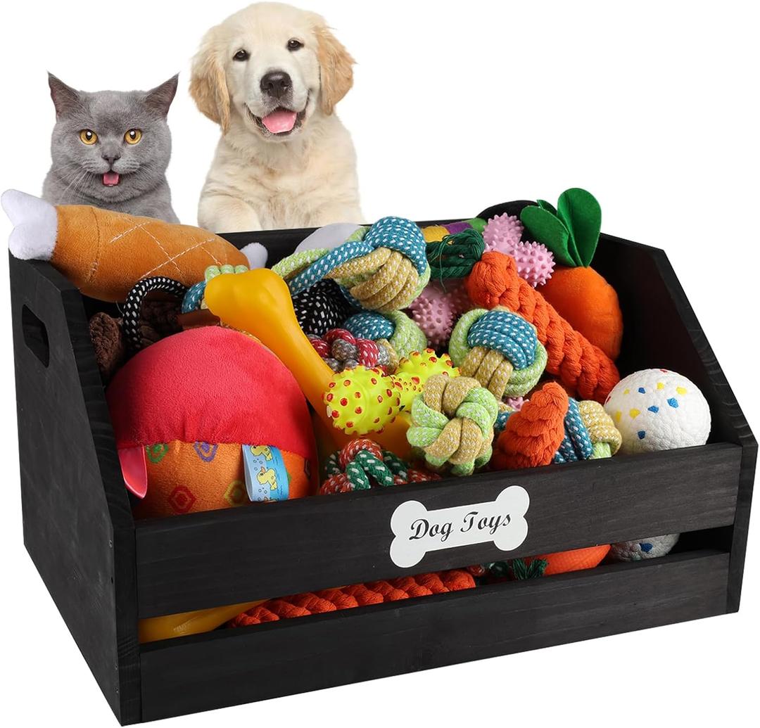 Geyecete Large Dog Toy Bin for Toy Chest,Wood Dog Toy Box with Handle,Dog Toy Basket for Dog Organization and Storage Puppy Toy Basket Dog Toy Chest