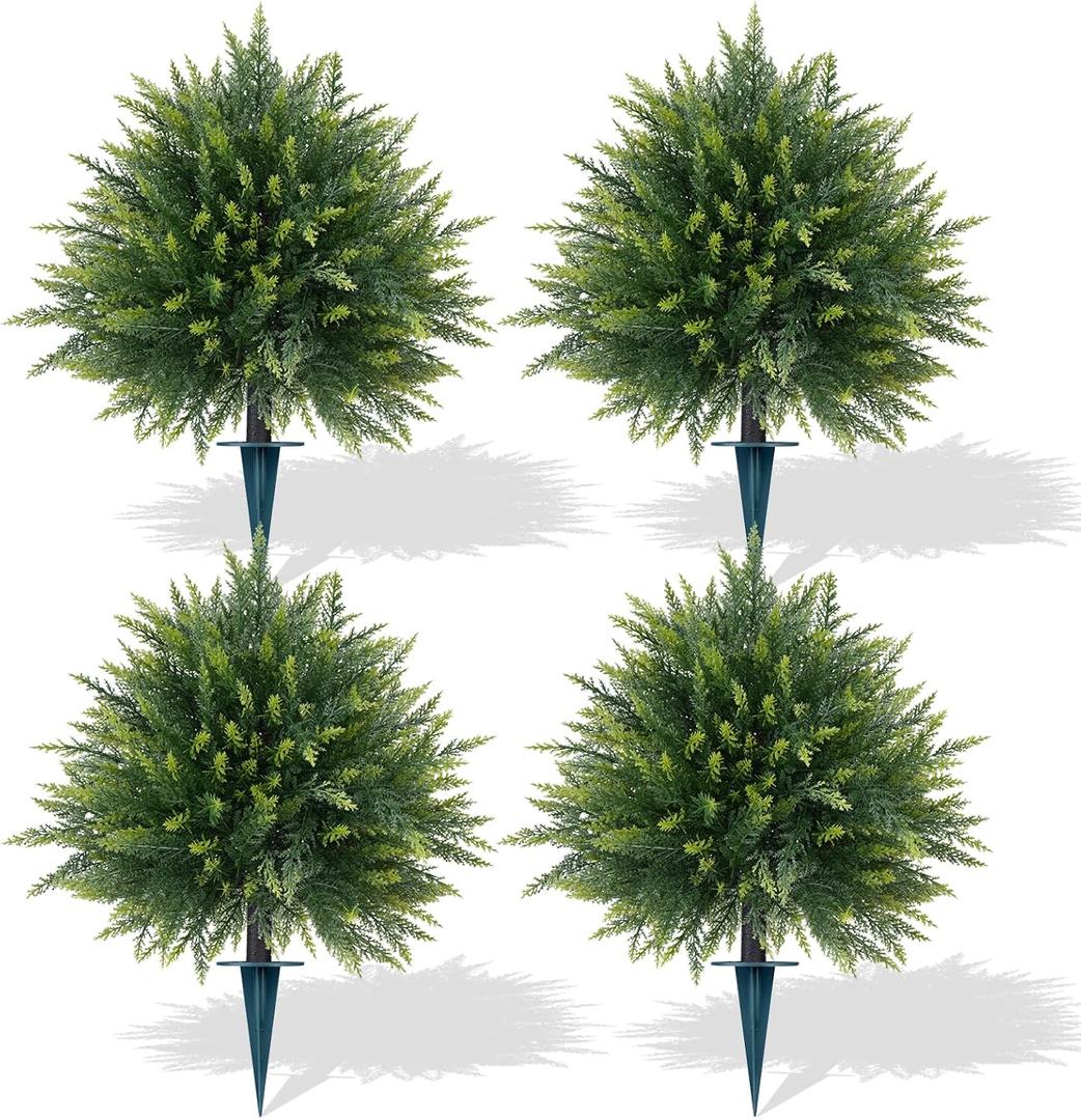 Artificial Cedar Topiary Trees with Ground Spike, 4 Pieces Fake Pine Shrubs Bushes, UV Resistant Faux Evergreen Cypress Tree Plants for Indoor Outdoor Planters Front Porch