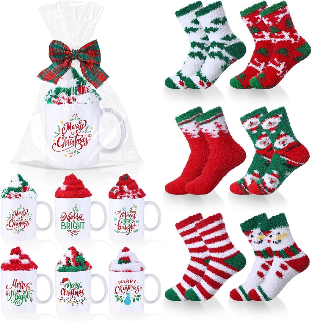 Baderke 6 Set Christmas Mug Gift Set Include Christmas Coffee Mugs 12 oz Xmas Fuzzy Socks Gift Bags and Ribbons DIY Mug Ideas for Women Xmas Winter Birthday Gifts (non-microwavable)(Classic)