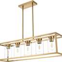 Farmhouse Chandeliers for Kitchen Island, Brushed Brass 5-Light Dining Room Lighting Fixtures, Modern Rectangular Pendant Lighting Chandelier with Clear Glass Shade (Gold, 5-Lights)
