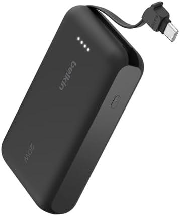 Belkin Portable Charger, Power Bank 10000 mAh with Integrated Cable - 20W Fast Charge USB-C Power Delivery, iPhone Charger - Apple iPhone 16 Series, iPad Pro, Samsung Galaxy S25, & More - Black