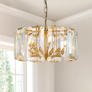 Siljoy 19.6" Gold Glass Drum Chandelier, 5-Light Round Chandeliers for Dining Room, Modern Adjustable Glass Hanging Pendant Light Fixture, Crystal Gold Chandelier for Bedroom, Kitchen, Closet, Foyer