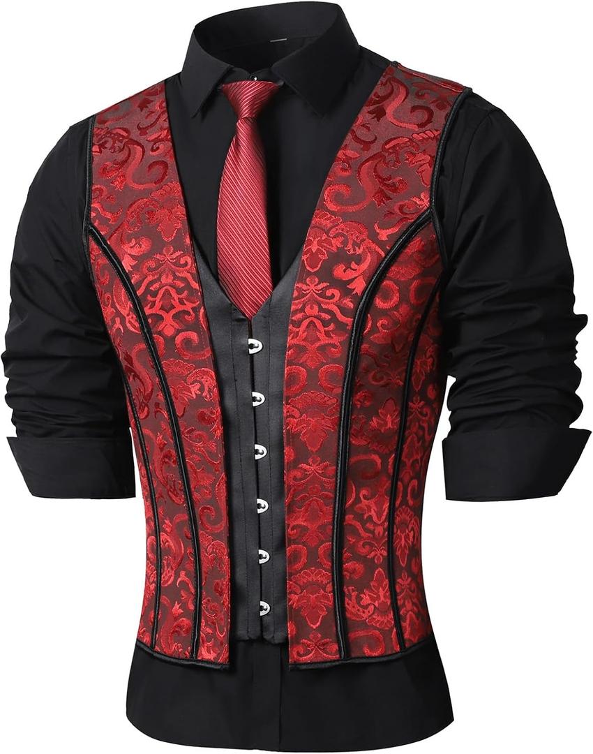 Mens Corset Vest Wasit Trainer Red Print Medieval Waistcoat Lace Up Bones Formal Tops Wedding Stage (X-Large)