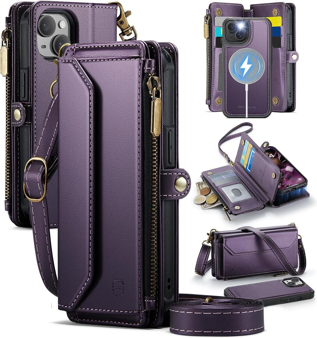 Strapurs for iPhone 15 Detachable Wallet Case Compatible with Magsafe for Women, RFID Blocking 9-Card Holder Zipper Wrist Strap Lanyard PU Leather Magnetic Phone Case for iPhone 15 6.1", Purple