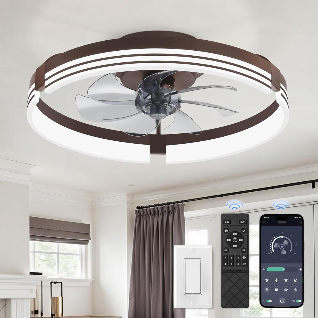 ZMISHIBO Low Profile Ceiling Fans with Lights and Remote, 20 Inch Flush Mount Ceiling Fan with Light, 3000K-6000K Dimmable Fandelier LED Fan Light, 6 Wind Speeds Brown Ceiling Fans for Bedroom