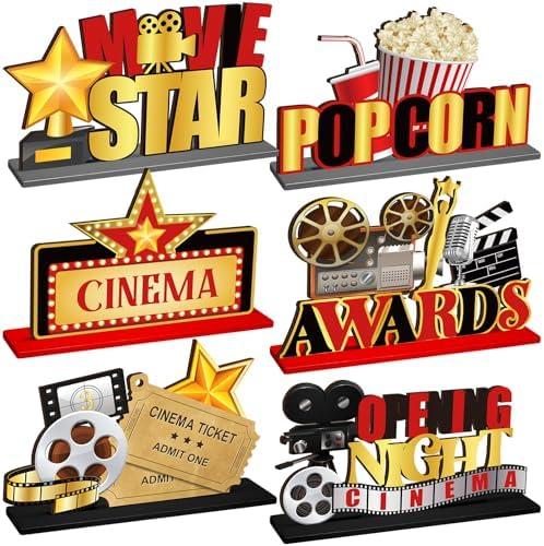 Wonderjune 6 Pcs Movie Night Decorations Movie Night Theater Table Wooden Centerpieces Microphone Ticket Star Video Props Paper Centerpiece Sign for Birthday Party 3D Table Decoration