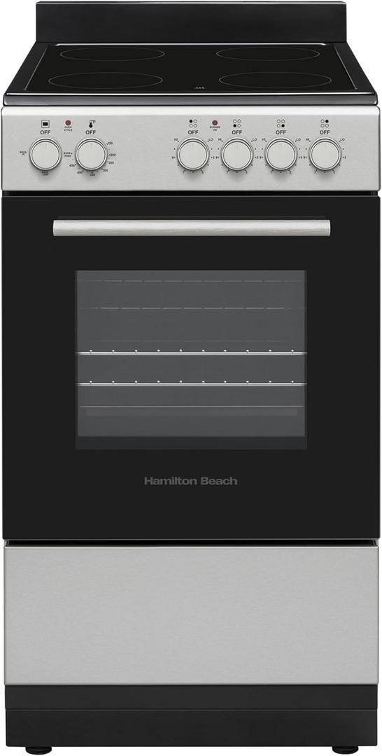 Hamilton Beach 20 Electric Range and Oven with VitroCeramic Cooktop, Heavy-Duty Knobs, Inox Stainless Steel