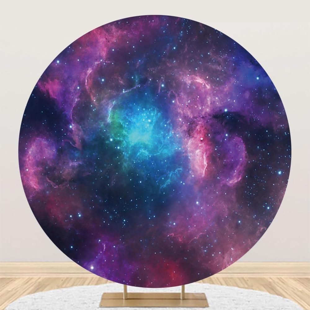 Renaiss 7.2x7.2ft Purple Nebula Round Backdrop Cover Starry Sky Deep Space Circle Photography Background Mysterious Universe Sparkling Milky Way Outer Space Theme Party Decor Arch Photo Booth Props
