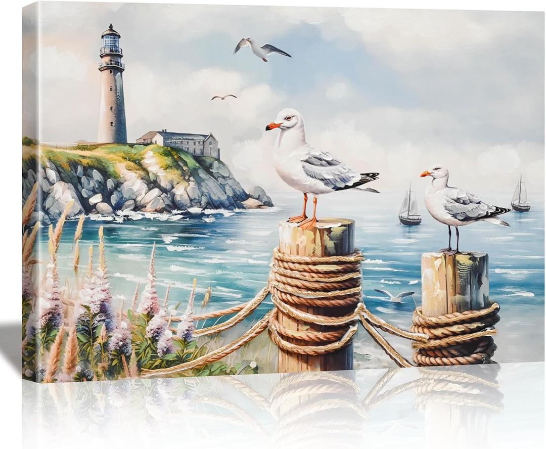 DRLWGTY Large Canvas Wall Art, Framed Vintage Coastal Wall Decor – Seagull by the Sea with Lighthouse and Waves,Hand-Painted Accent Details for Bedroom Living Room Office (Seagulls, 28*40 in, Wrapped Canvas)
