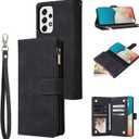 UEEBAI Wallet Case for Samsung Galaxy A53 5G, PU Leather Case Magnetic Closure Handbag Zipper Pocket Case Kickstand Card Slots with Hand Strap Marple Flip Case for Women - Black