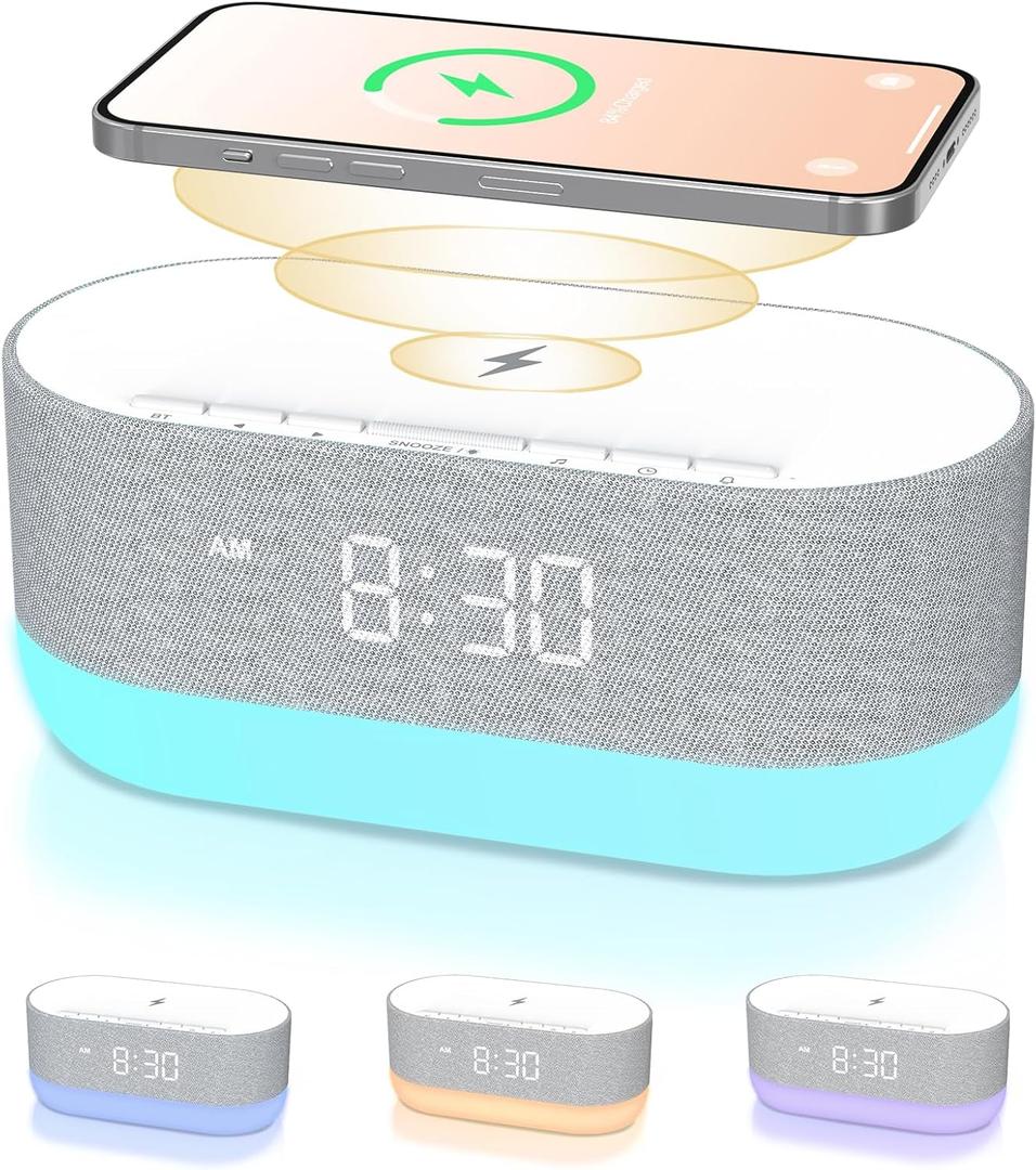 HOUSBAY 3 in 1 Sound Machine Alarm Clock& Wireless Charger: Soothing White Noise, Bluetooth Music Relaxation & Customized Sleep-Wake Routine (Grey)