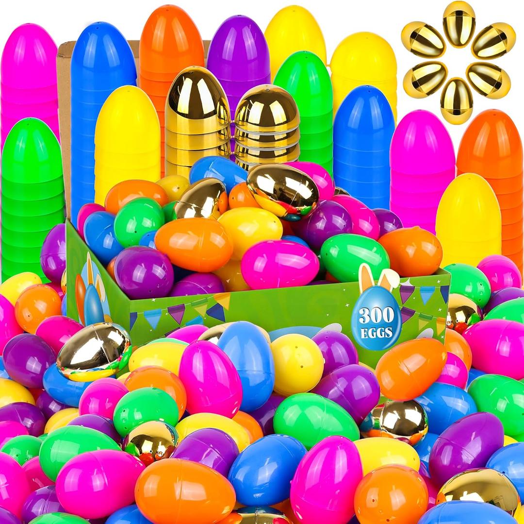 300 PCS 2.4" Colorful Fillable Easter Eggs with 6 Surprise Golden Eggs, Plastic Easter Egg Empty for Easter Egg Hunt Party Favors Kids Easter Basket Stuffers Fillers Classroom Prizes for Boys Girls