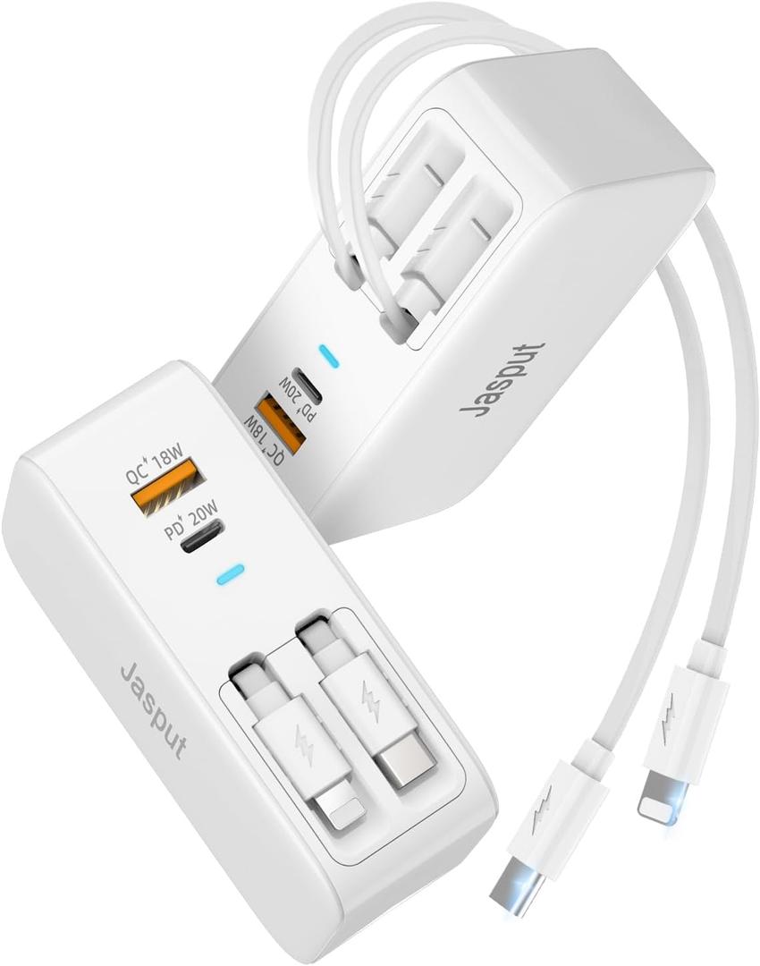 Jasput USB Wall Charger Block, Built-in Dual Retractable Cables 40W USB C Block Wall Plug with USB A/USB C Ports, Travel and PD Fast Charging for iPhone 17/16/15/14/13/12, Pad, Tablet and More