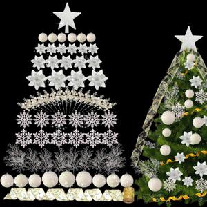 68 Pcs Christmas Tree Ornaments Set Glitter Shatterproof Xmas Tree Ball Ornament Poinsettia Flowers Wired Ribbon Berry Stem Topper Star Pine Needles for Christmas Home Decoration (Iridescent) (White)