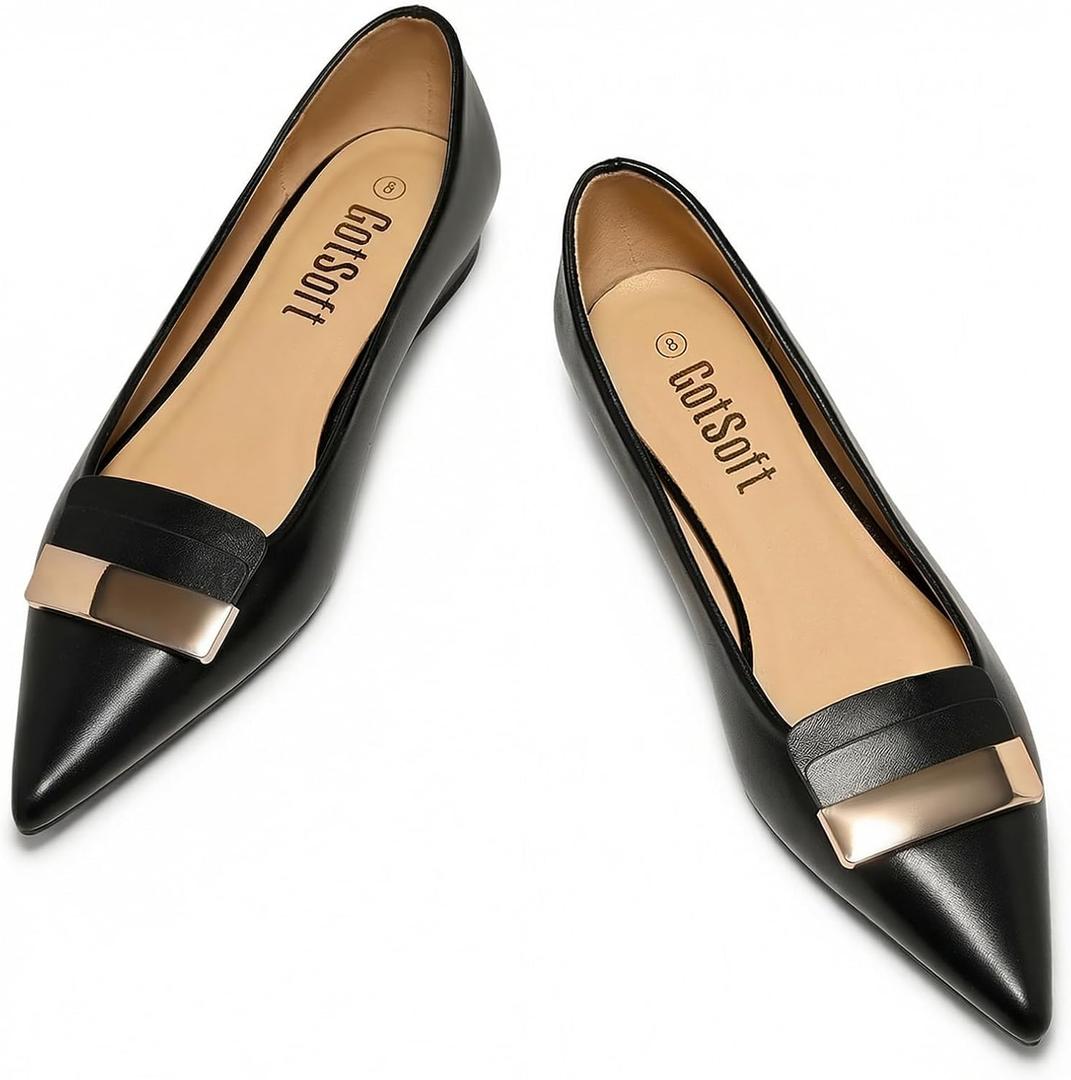 Women's Pointed Toe Flats Lambskin Insole Metal Deco Slip on Flat Comfortable Dress Office Shoes 8, Black