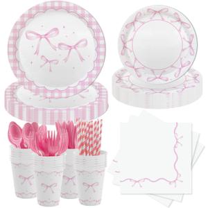 MEHOFOND 216 Pcs Coquette Disposable Paper Dinnerware Set, Pink Bow Party Tableware Decor, Paper Plates Napkins, Women Bridal Shower Bachelorette Engagement, Girls Birthday Party Decor, Serves 24