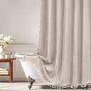 Seenus Boho Farmhouse Shower Curtain Heavyweight with Tassels, 72 x 84 Inch Extra Long Taupe Linen Textured Fabric Shower Curtain for Bathroom, Tan and White Striped Bath Dcor Curtain Water Repellent