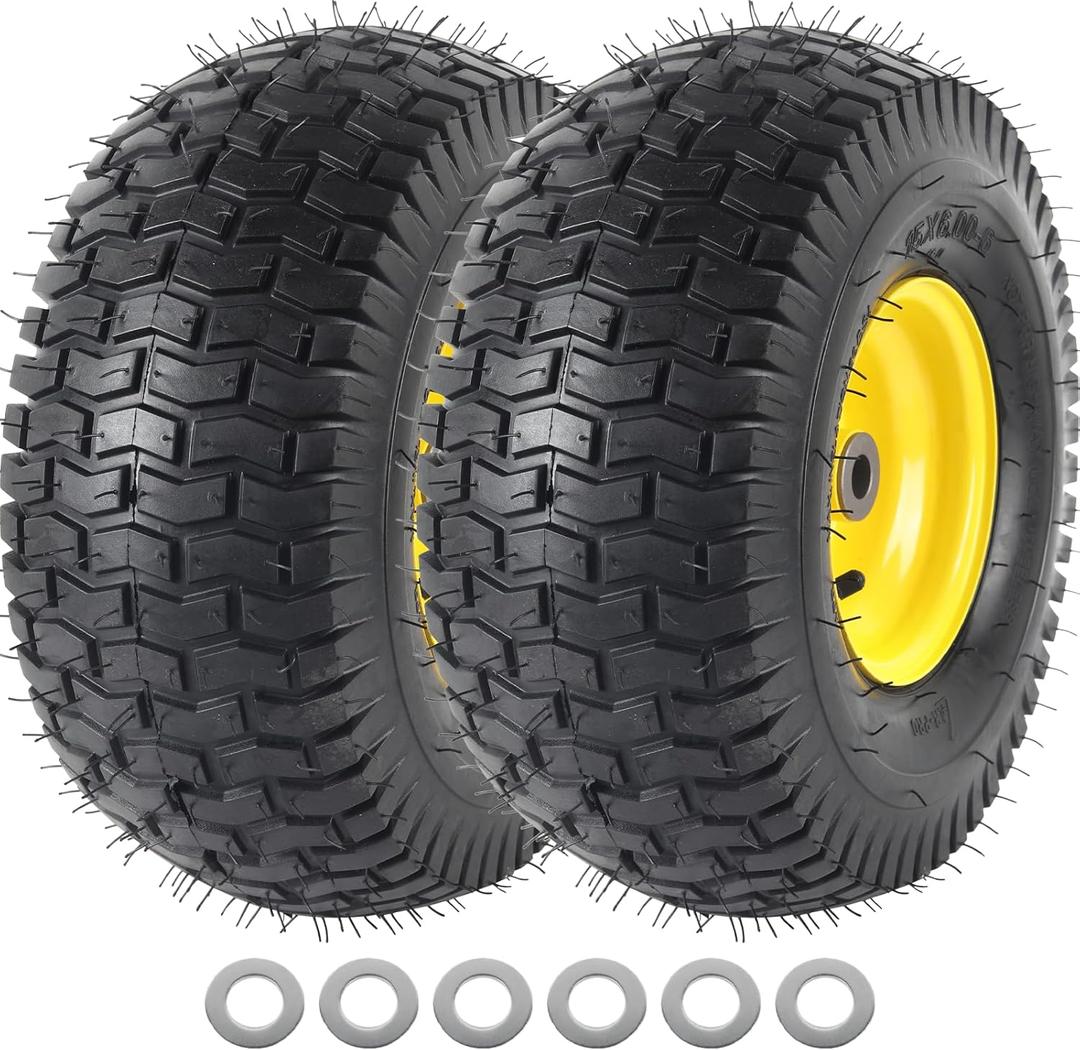 AR-PRO (2 Pack) 15 x 6.00-6" Tubeless Tire and Wheel Assembly, Replacement Riding Lawn Mower Front Tires, Compatible with John Deere Riding Mowers and Lawn Tractor, 3" Centered Hub and 3/4" Bushings (Yellow)
