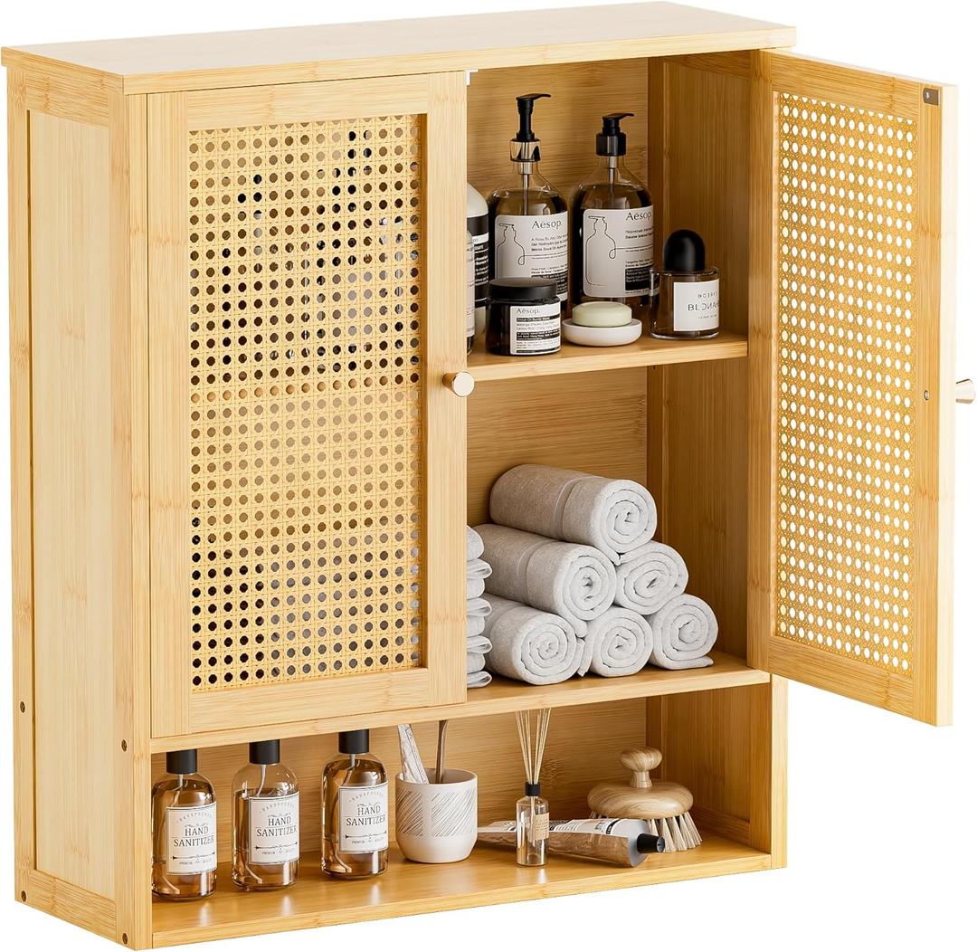 HITNET Bathroom Cabinet Wall Mounted, Rattan Medicine Cabinet, Bamboo Hanging Storage Organizer Over The Toilet with Adjustable Shelf for Living Room, Kitchen, Entryway (Natural)