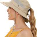 Sun Bucket Beach Hats for Women with Ponytail Hole,Sun Protection UV UPF50+ Waterproof Fishing Safari Hiking Hat (One Size, Khaki)