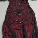 1920s Art Deco Sequin Maxi Dress, Vintage Flapper Gatsby Style, V-Neck with Tulle Sleeves, Long Evening Formal Gown, Medium, Burgundy 