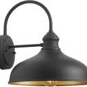 12" Outdoor Gooseneck Barn Light for Patio, Large Farmhouse Wall Mount Lights for Garage, Black Exterior Barn Porch Light Fixture with Brass Interior, Outside Wall Sconce for House