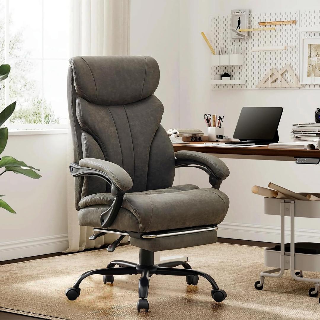 Big and Tall Office Chairs with Foot Rest,500LBS Wide Ergonomic Gaming Chair,100-135Recline Executive Leather Computer Chairs with Adjustable Height,Gray