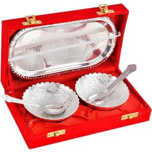 NOBILITY Bowl Spoon Tray Set Silver Plated Dry Fruits Dessert Serving Set Diwali Christmas Eid Wedding Return Gifts Friends Family Home Decorative Housewarming Corporate Gift items