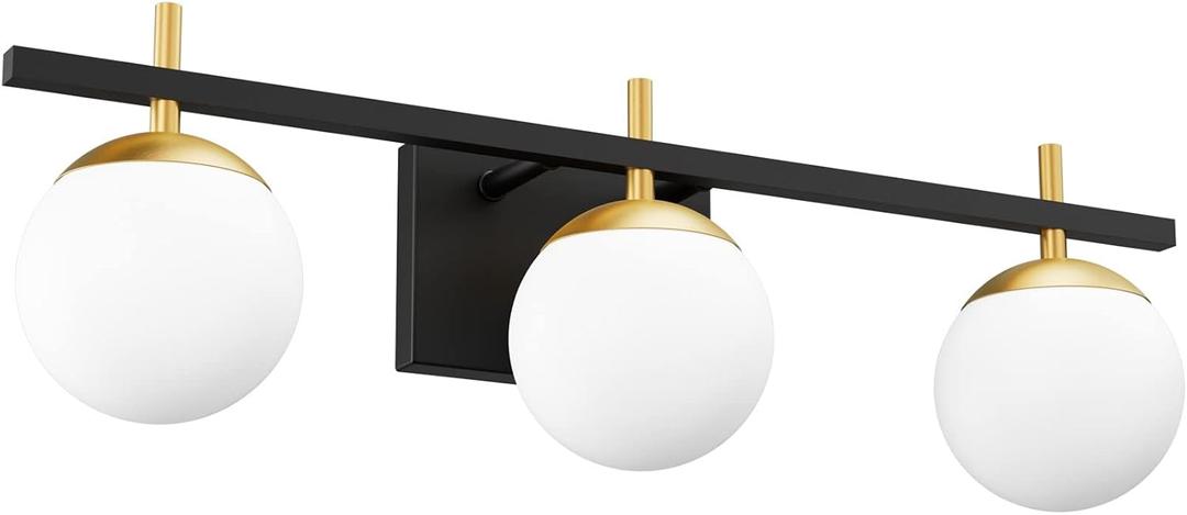 Ralbay Mid Century Modern Bathroom Vanity Lights Black and Gold Milky Glass Modern Bathroom Vanity Lights Over Mirror, Black/Golden 3-Light (Exclude Bulb)