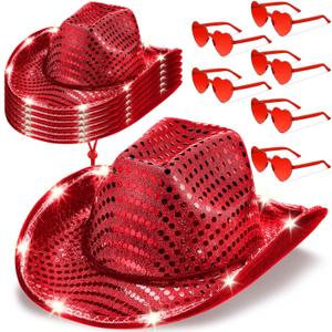 Zhanmai 6 Set LED Cowboy Hat Light Up Glitter Cowboy Hat with Sunglasses Sequin Space Cowgirl Hat for Women Men Costume (Red)