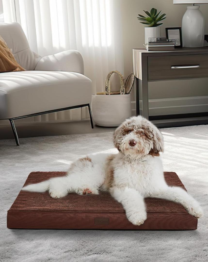 OhGeni 35 Inch Orthopedic Waterproof & Machine Washable Dog Bed for Large Pets, 20D Egg Crate Foam Stable Support, Non-Slip Bottom and Removable Cover, Tear-Resistant Invisible Durable Zipper(Brown) 
