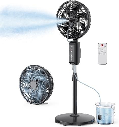 ATEngeus Outdoor Misting Fan 20000mAh Up to 21H Running Time, 12-Inch outdoor Oscillating Fan for Patios, 2 In 1 Pedestal & Tabletop Cooling Fan with Mister, Corded & Cordless, 7 Speeds, Remote, Timer