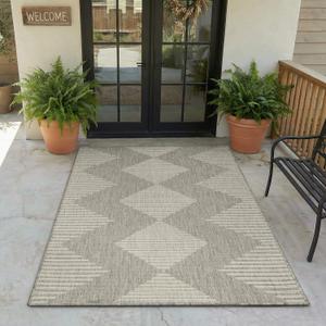 MontVoo-Outdoor Rug-Patio Rug 9x12 Polypropylene Indoor Outdoor Rugs Outdoor Carpet for Patio Deck Balcony Porch, Textured Weave, Durable for High Traffic, Fade-Resistant, Boho Geometric Silver Grey