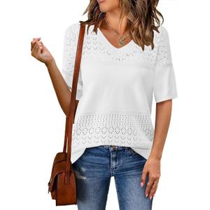 Zeagoo Womens Summer Sweater Casual Short Sleeve Pullover Tops V Neck Lightweight Shirts Ribbed Knit Dressy Blouse (Medium, White)