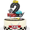 MEMOVAN Race Car 2nd Cake Topper Two Fast Cake Topper Racing Car Birthday Cake Decoration for Racing Car Checkered Flag Themed Girl Boy 2 Years Birthday Party Decoration Double Sided