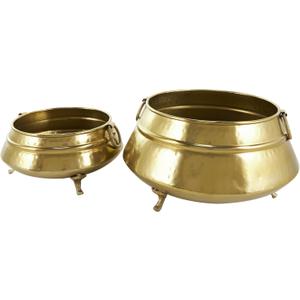 Deco 79 Metal Indoor Outdoor Planter Hammered Pot Small Planter Pot with Scrolled Feet and Ring Handles, Set of 2 Planters 14", 10"W, Gold