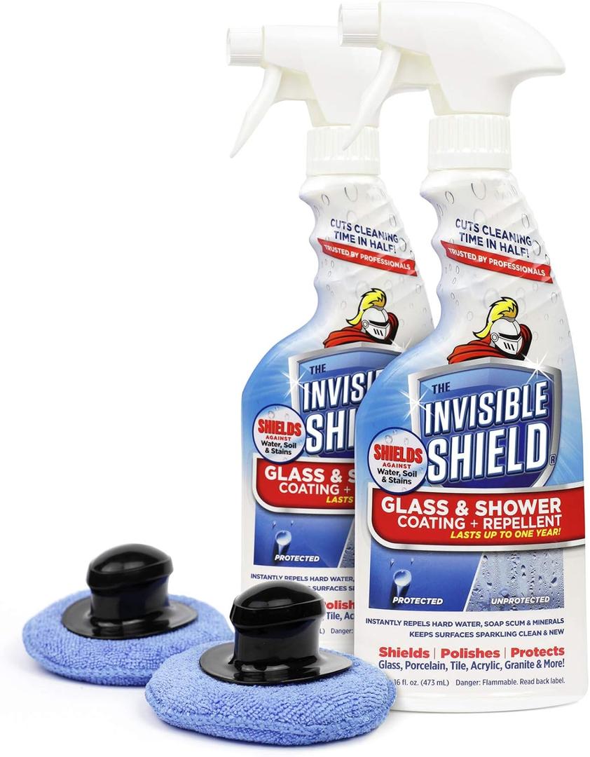 Invisible Shield Protective Glass Shower Coating for Showers, Mirrors, Windows, Tile to Repel Soap Scum and Hard Water Minerals for Easier Cleaning (2 Pack) 16 oz